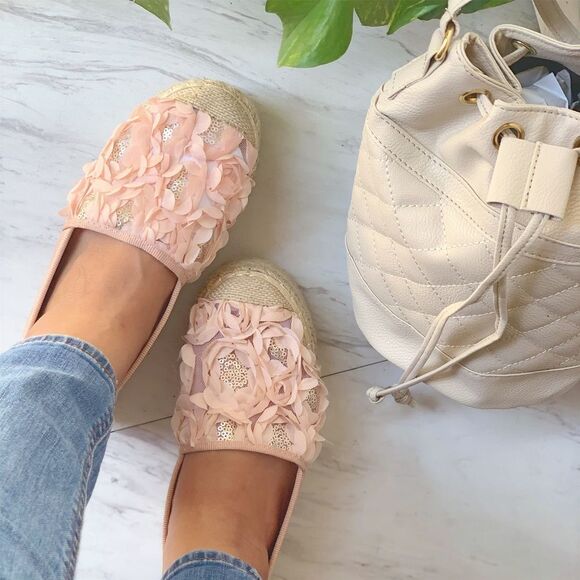 Blush Floral Espadrille Platforms | 3D Flower Slip-On Sneakers - Picture 4 of 8